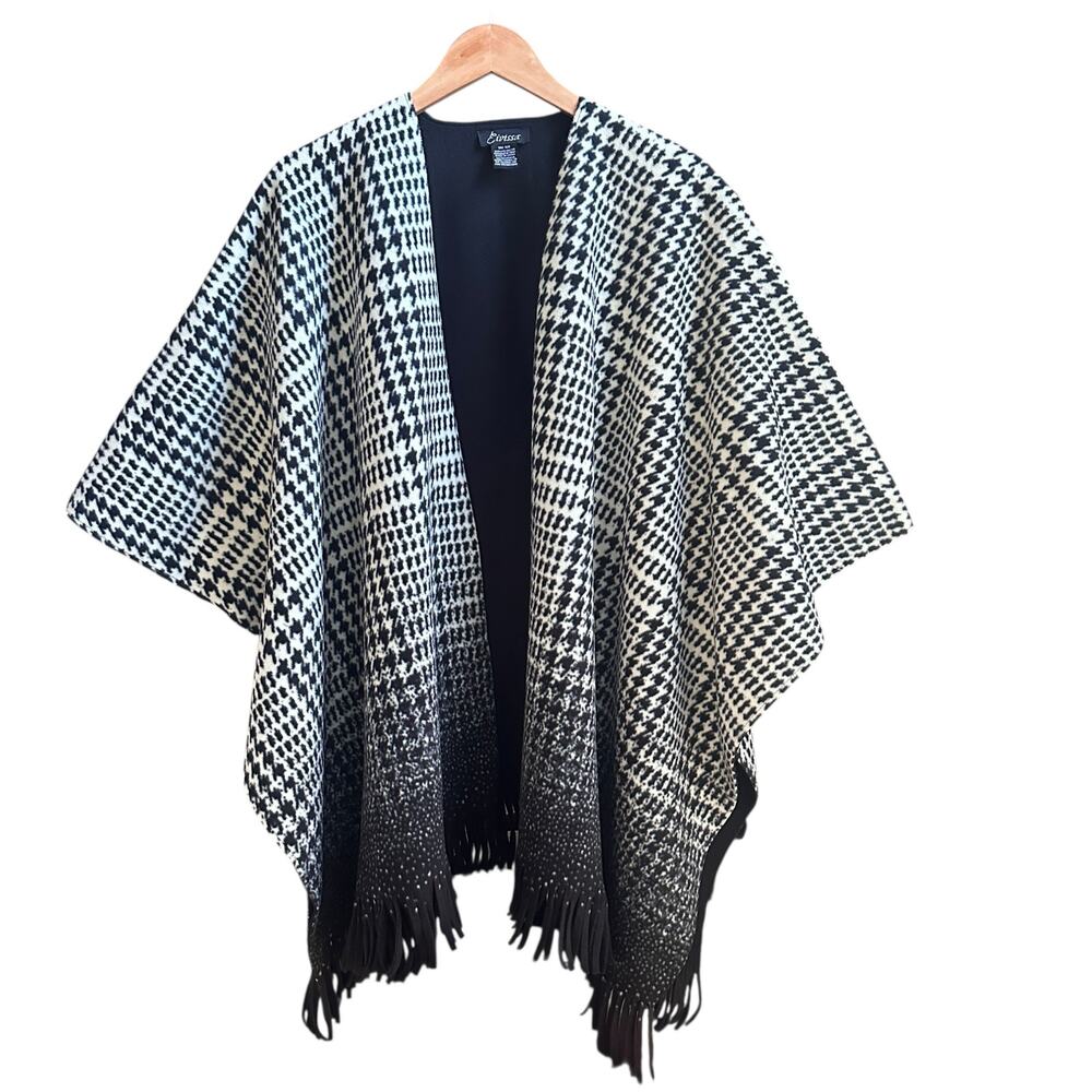 Eivissa Houndstooth Cape Poncho Fringe Wrap Shawl Black White Open Front OS